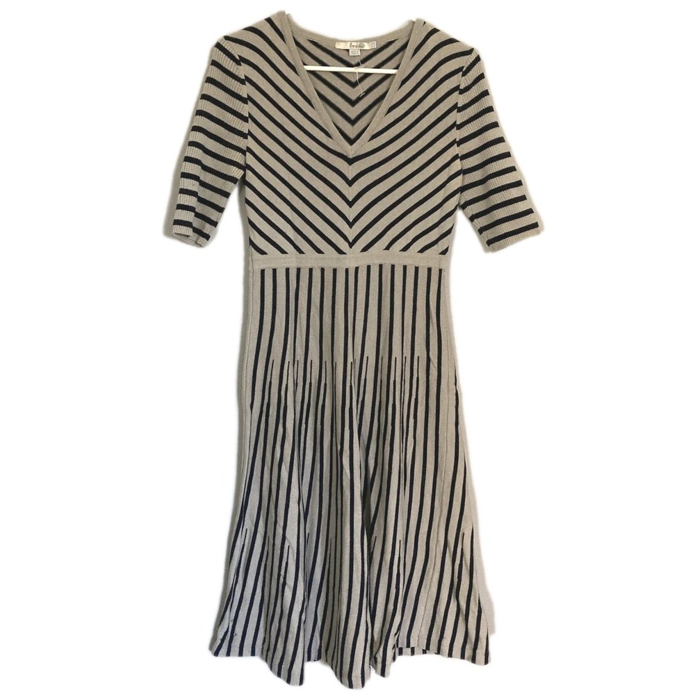 Boden Dress Women 10L Gray Navy Stripe Vneck Wool Cotton Knit Fit Flare Midi EUC